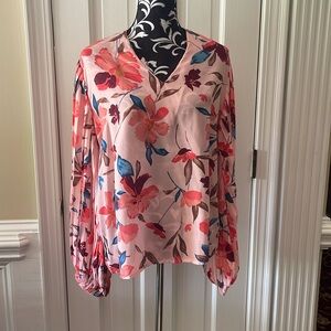 PEACH BLOSSOM PRINTED PLEATED LONG SLEEVE TOP
